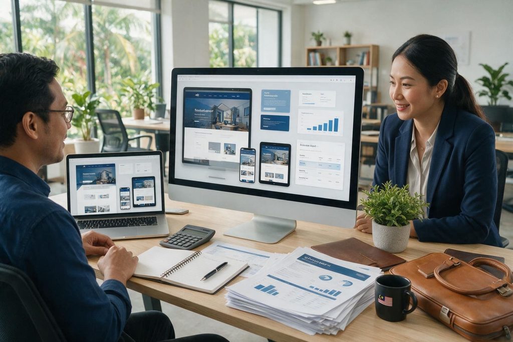 Two employees looking at monitors showing a webpage.